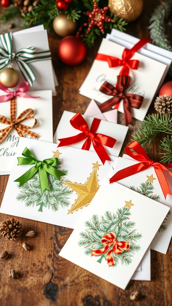 Christmas cards with decorative ribbons on a wooden table with holiday decorations.